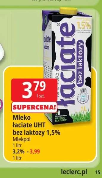 Mleko łaciate UHT bez laktozy 1,5% Mlekpol