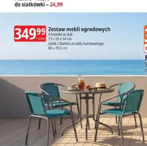 Zestaw mebli ogrodowych 4 krzesła ze stali 73x59x54cm stolik z blatem ze szkła hartowanego 80x70,5cm