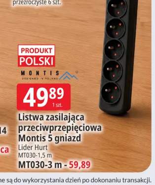 Listwa zasilająca przeciwprzepięciowa Montis 5 gniazd MT030-1,5 m